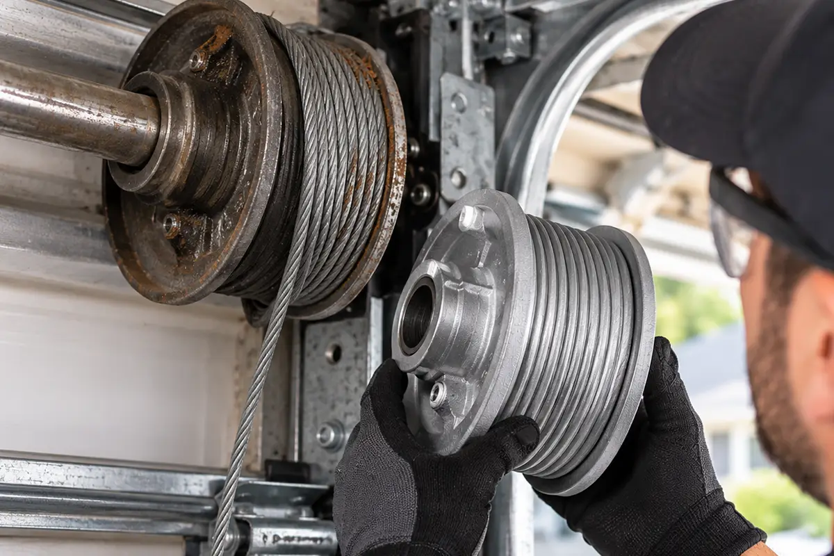 Garage door cable drum and pulley wheel replacement in Conroe TX