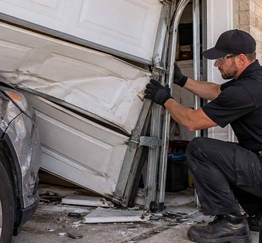 Emergency garage door panel damage and safety repair in Conroe TX