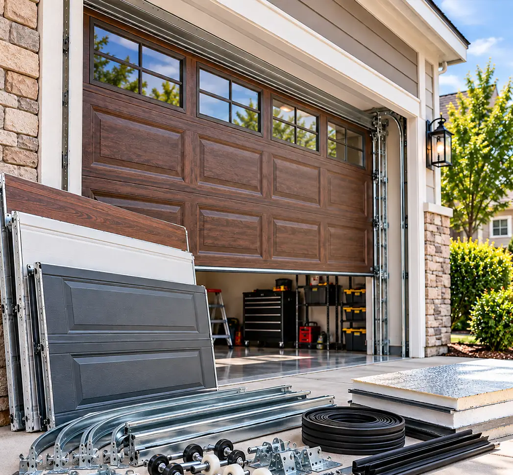 Garage door panel replacement and track upgrade in Conroe TX
