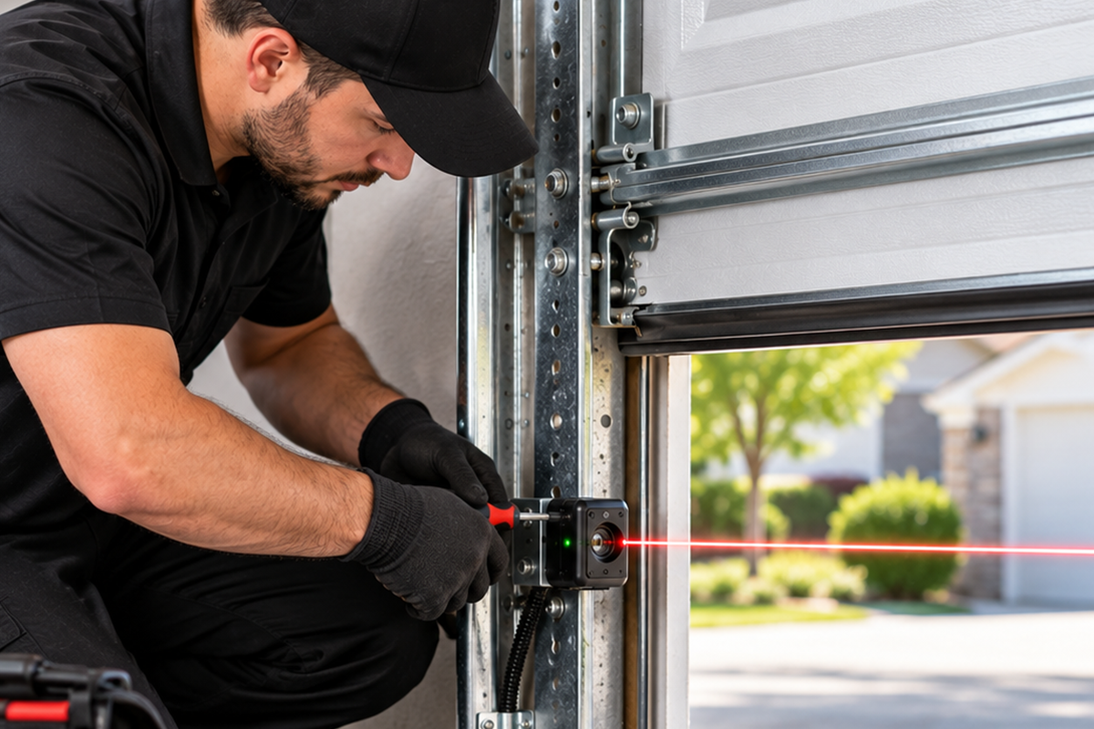 Garage door safety sensor alignment in Conroe TX