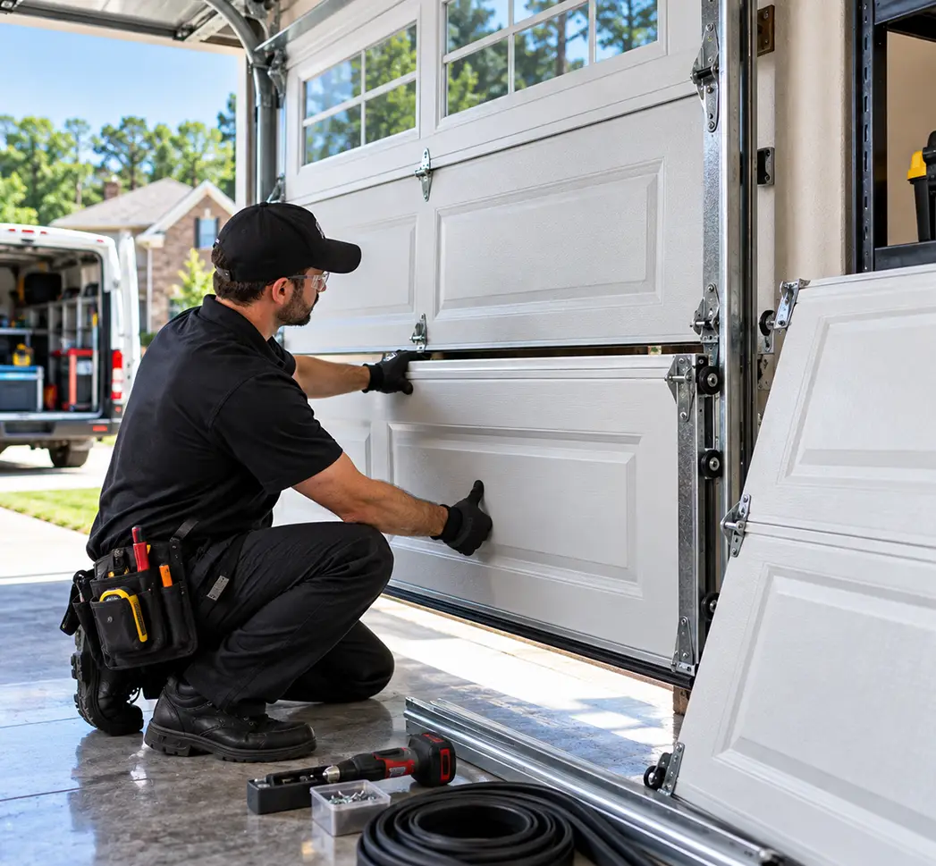 Garage door panel replacement and track upgrade in Conroe TX