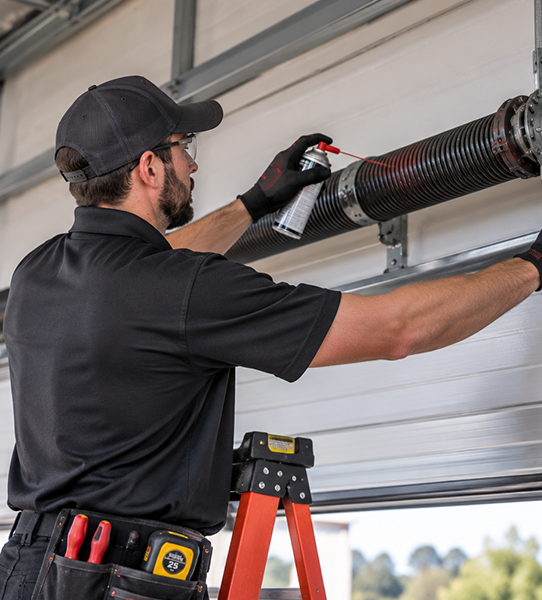 High tension garage door spring lubrication and balance calibration in Conroe TX
