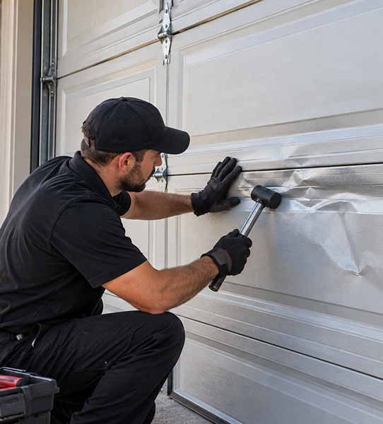 Bent garage door panel straightening and dent repair in Conroe TX