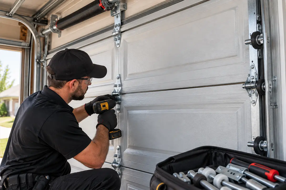 Garage door panel hinge and roller hardware installation in Conroe TX