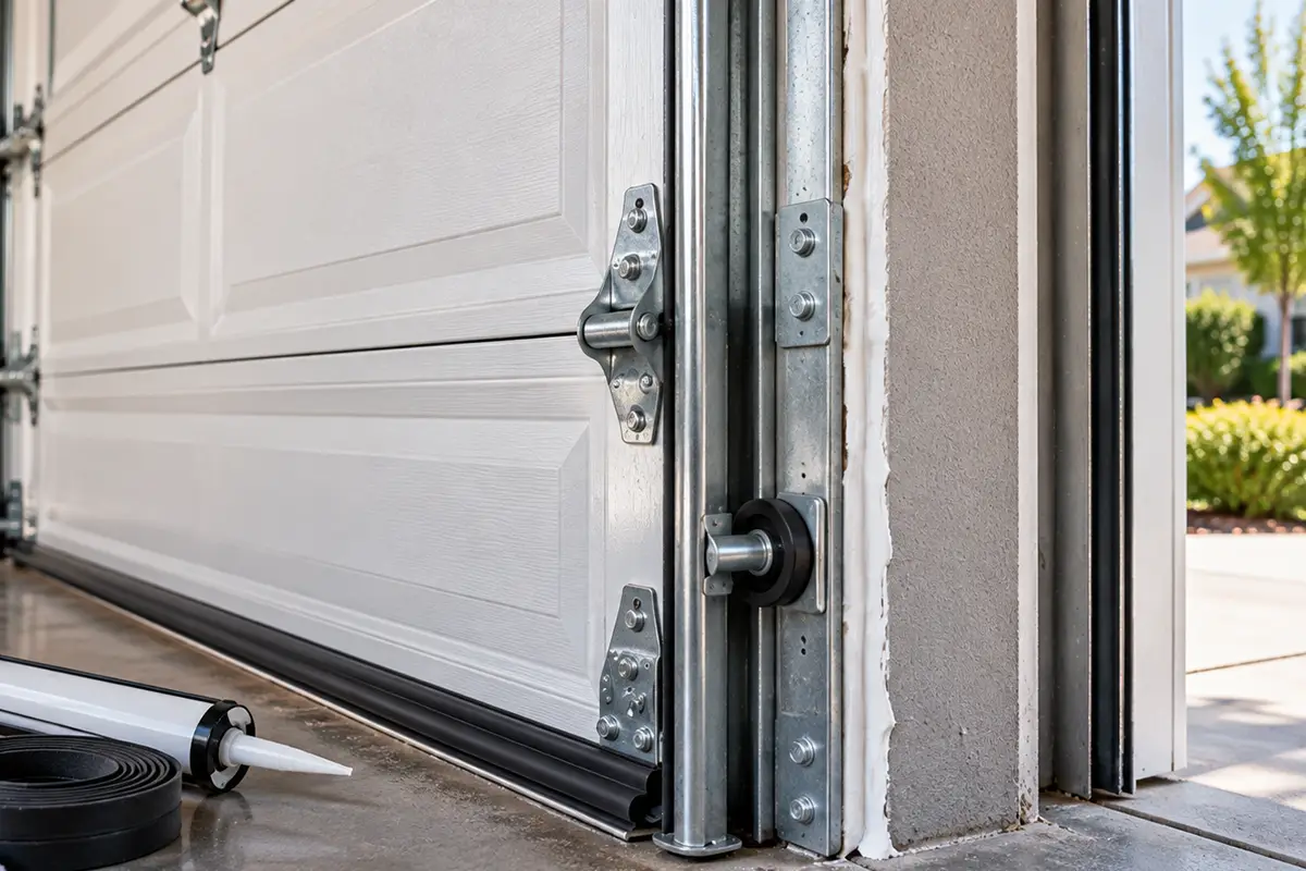 Garage door panel track clearance and joint sealing in Conroe TX