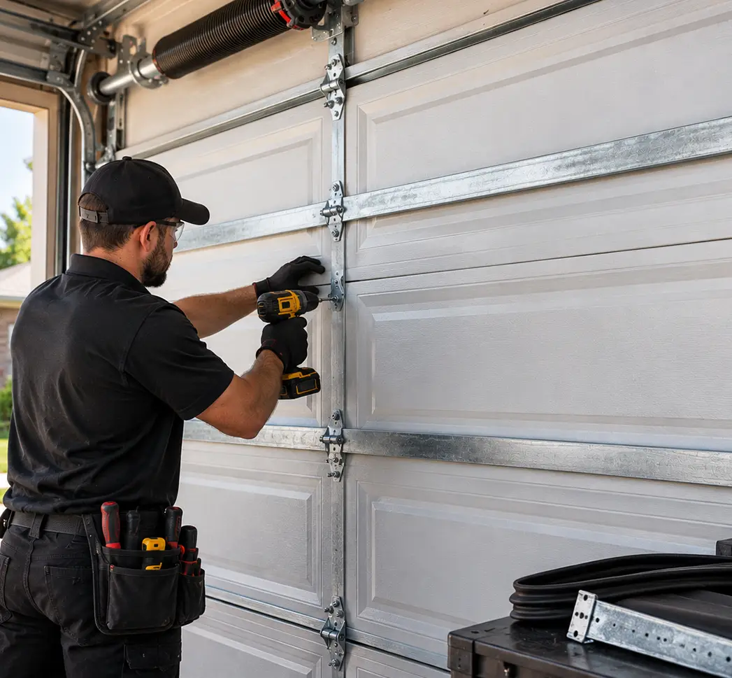 Garage door panel support strut and insulation repair in Conroe TX