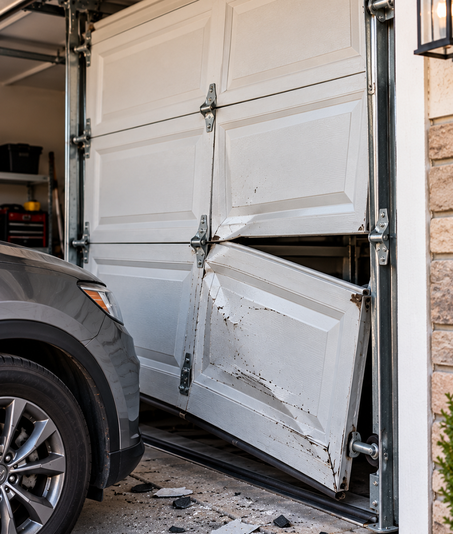 Emergency garage door panel impact realignment and structural repair in Conroe TX