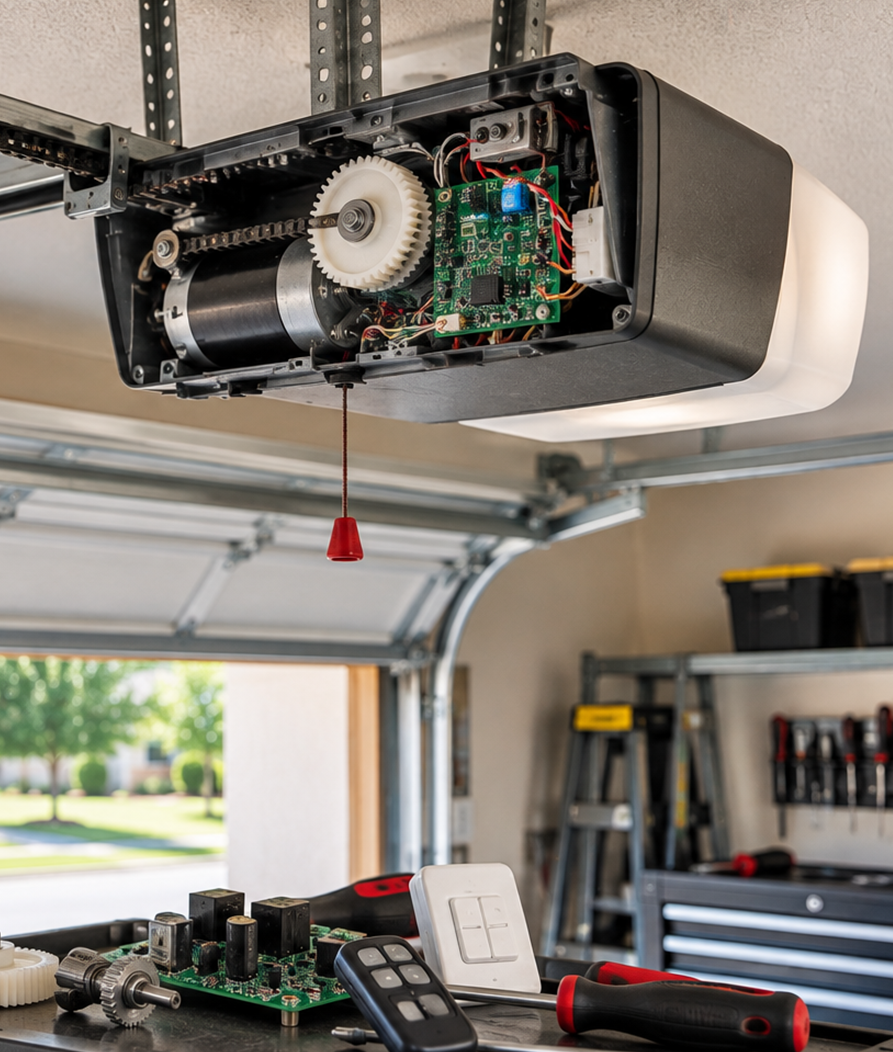 Garage door opener logic board remote control and gear components in Conroe TX