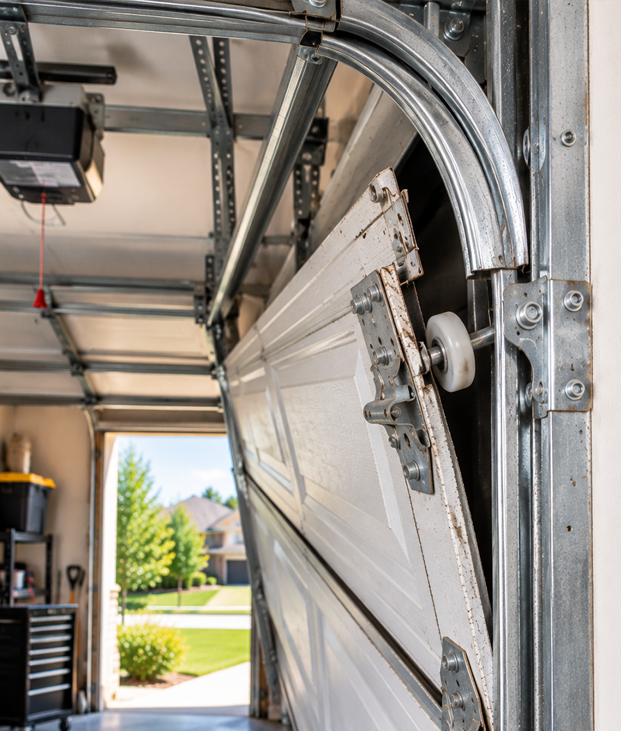 Emergency garage door roller alignment and off track repair in Conroe TX