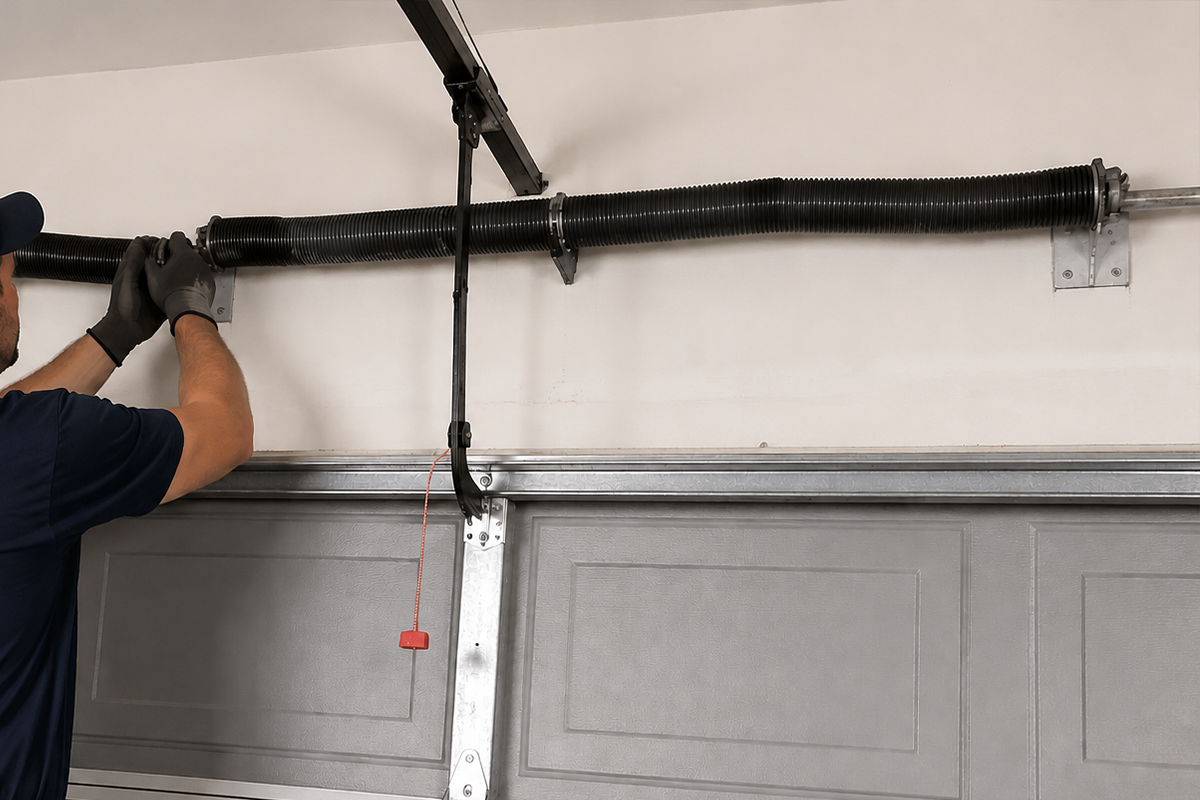 Garage door extension spring safety cable installation in Conroe TX