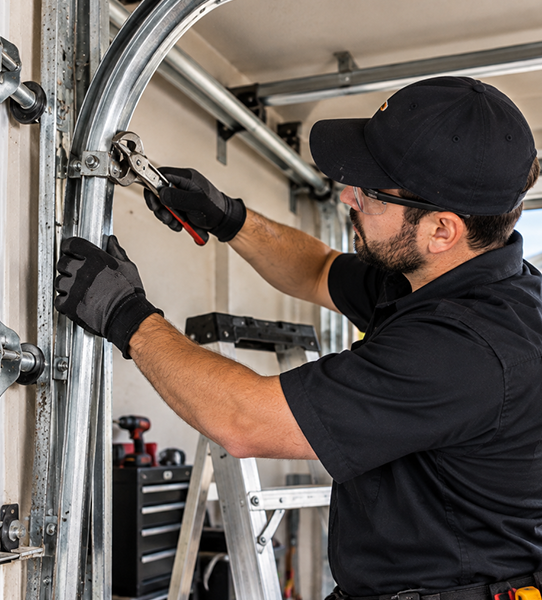 Garage door track technician straightening bent steel channel and realigning rollers in Conroe TX